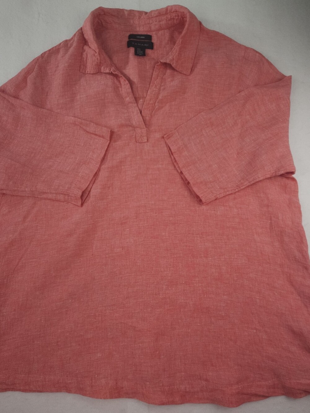 Tahari Women's 2X Coral Pink Linen Tunic Top 3/4 Sleeve Collared Side Buttons
